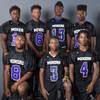 Sunrise Mountain Miners pose during the Las Vegas Sun's High School Football media day (make up) Monday, July 27, 2015. From left, front row: Dalwin Spates (8), Rayshawn Johnson (3) and Claude Moore III. Back row: Ja'twion Farmer (16), Stephen Wright Jr. (6), Travis Carpenter (13) and Solomon King (14).  STEVE MARCUS