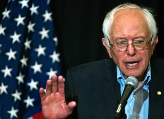 U.S. Sen. Bernie Sanders makes a point during a press conference following a speech at the 59th Annual Nevada State AFL-CIO Constitutional Convention at the Luxor Hotel & Casino on Tuesday, August 18, 2015.