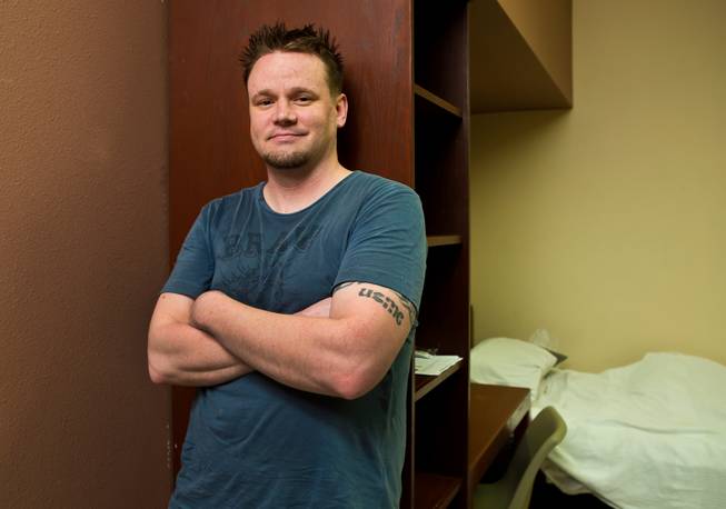 Patient Seth Stromberg is pleased to be getting quality care as he hangs out in his temporary room at the Rawson Neal Psychiatric Hospital about the Southern Nevada Adult Mental Health Services campus on Wednesday, August 12, 2015.
