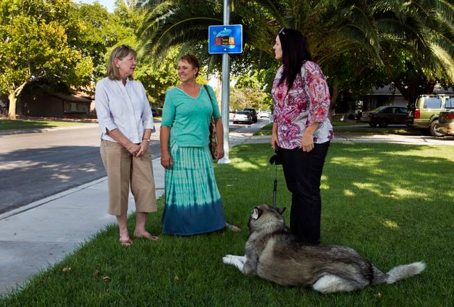 McNeil Neighborhood residents Pat Thacker, Suzan Woodbeck and Shawna Waldman chat about their concerns on the proposed master plan for the nearby medical district, Wednesday, Aug. 19, 2015. Waldman is joined by her dog J.J. 