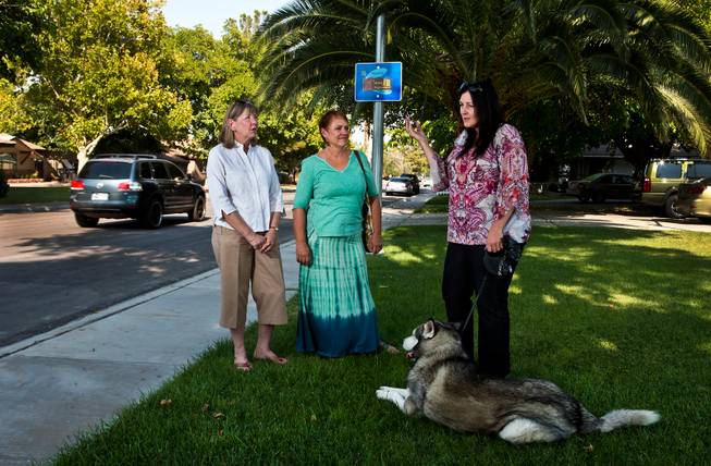 McNeil Neighborhood residents Pat Thacker, Suzan Woodbeck and Shawna Waldman chat about their concerns on the proposed master plan for the nearby Medical District such as taller buildings and increased traffic on Wednesday, August 19, 2015. Waldman is joined by her dog J.J. as well.