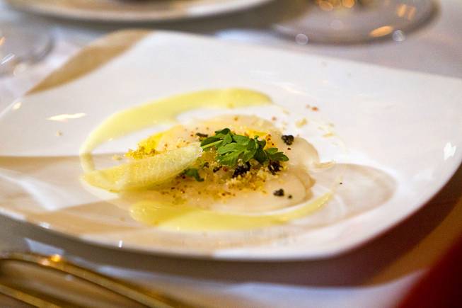 Vermentino (scallop carpaccio, celery root, green apple and caviar) is displayed during a Taste & Learn wine event at Ferraro's Italian Restaurant & Wine Bar, 4480 Paradise Rd., Saturday, Aug. 22, 2015.