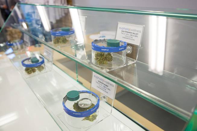 Medical marijuana is on display during the opening Euphoria Wellness, the first marijuana dispensary in the Las Vegas Valley, Monday, Aug. 24, 2015.