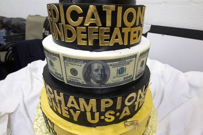 A view of a cake made for  Floyd Mayweather Jr.'s media workout at the Mayweather Boxing Club Wednesday, Aug. 26, 2015. Mayweather will defend his WBC and WBA welterweight titles against Andre Berto on Sept. 12 at the MGM Grand Garden Arena.