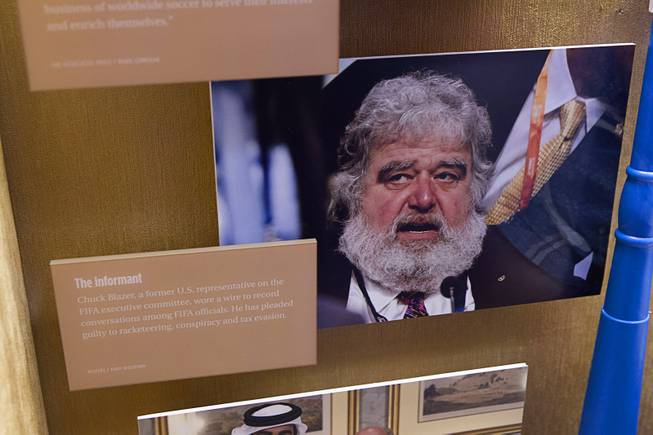 A photo of informant Chuck Blazer is displayed in "The Beautiful Game Turns Ugly," a new exhibit on the FIFA scandal at the Mob Museum, the National Museum of Organized Crime and Law Enforcement, in downtown Las Vegas Tuesday, Sept. 1, 2015.