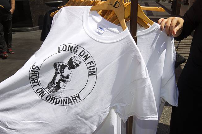 Manneken Pis Las Vegas T-shirts are displayed after an unveiling of the statue at The D Las Vegas on Tuesday, Sept. 1, 2015, in downtown Las Vegas.