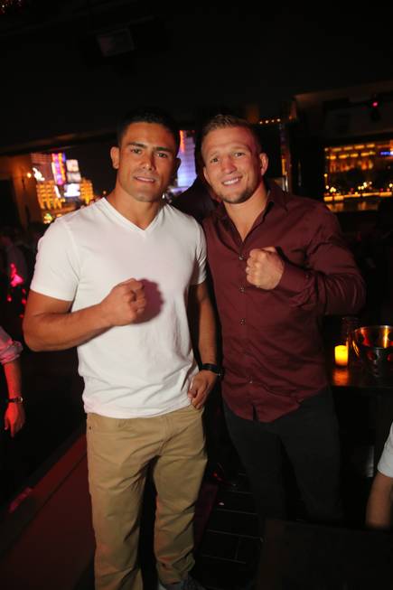 T.J. Dillashaw, right, hosts at Hyde Bellagio on Friday, Sept. ...
