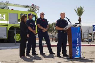 Clark County Fire Chief Greg Cassell speaks during a news conference at McCarran International Airport Wednesday, Sept. 9, 2015. Clark County firefighters responded to questions about Tuesday's British Airways passenger jet fire at the airport.