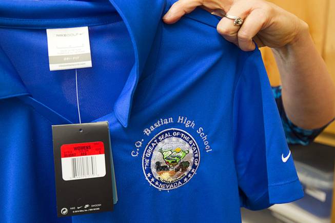 A shirt embroidered in the school textile lab is shown during a tour of C.O. Bastian High School in Caliente, Nev., about 150 miles north of Las Vegas,Tuesday, Sept. 8, 2015. The Lincoln County school, which serves teens in the Caliente Youth Center, boasts a variety of vocational services.