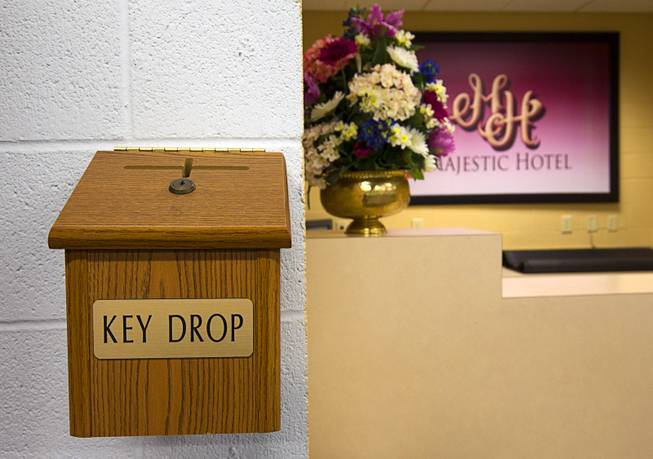 A key drop is shown at the front desk of the "Majestic Hotel" during a tour of C.O. Bastian High School in Caliente, Nev., about 150 miles north of Las Vegas,Tuesday, Sept. 8, 2015. The mock-up is part of the school hospitality training program. The Lincoln County school, which serves teens in the Caliente Youth Center, boasts a variety of vocational services.