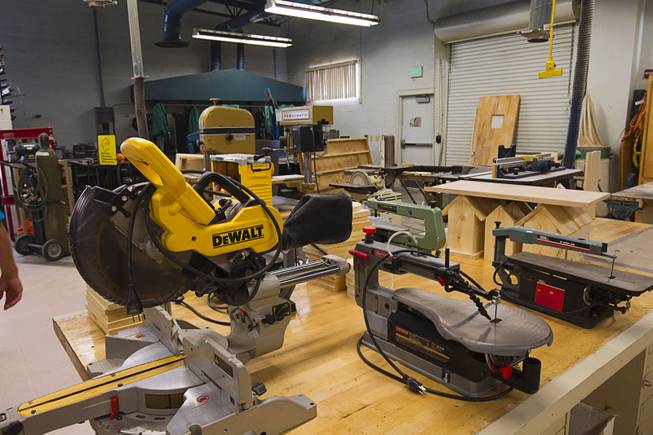 Equipment is shown in a woodworking and metal shop during a tour of C.O. Bastian High School in Caliente, Nev., about 150 miles north of Las Vegas,Tuesday, Sept. 8, 2015. The Lincoln County school, which serves teens in the Caliente Youth Center, boasts a variety of vocational services.