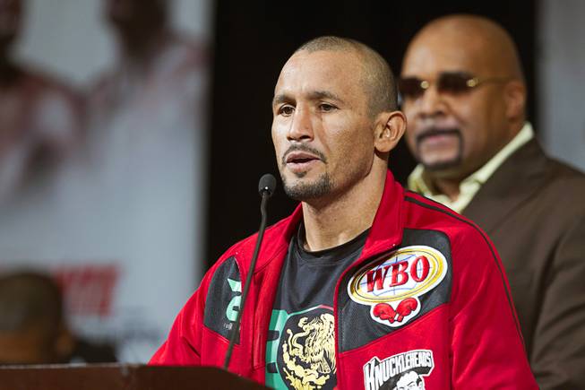 Orlando Salido of Mexico speaks during a news conference at the MGM Grand Thursday, Sept. 10, 2015. Salido will challenge WBO junior lightweight champion Roman Martinez of Puerto Rico on the Floyd Mayweather Jr. vs. Andre Berto undercard at the MGM Grand Garden Arena on Saturday.