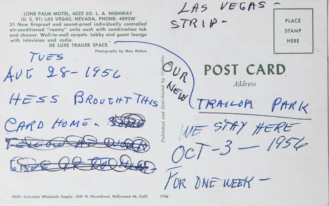 The back of a Lone Palm Motel postcard from Bob Stoldal's collection on September 19, 2015.