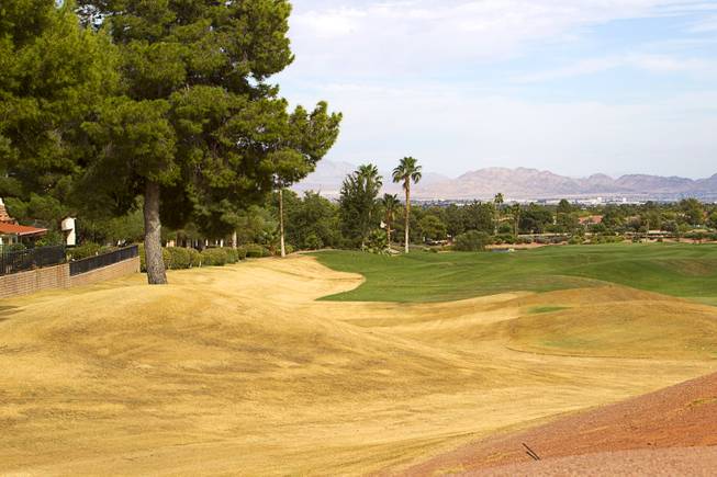 An area (in yellow) by the eighth tee is ready to be converted into desert landscaping at the Palm Valley Golf Course in Summerlin Monday Sept. 28, 2015. The course is irrigated with reclaimed water and is converting some the rough to desert landscaping.