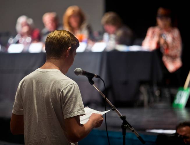 A student speaks before the CCSD Board of Trustees during a debate on sex ed at the Las Vegas Academy on Tuesday, September 29, 2015.