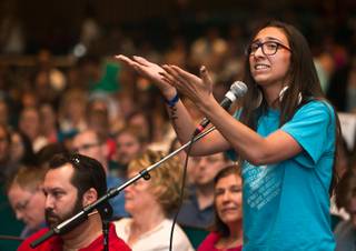 Former CCSD student Caitlyn Caruso urges the Board of Trustees to continue and expand sex ed in schools believing that sexual assaults like hers may be avoided in the future on Tuesday, September 29, 2015. many parents, students and community members were on hand to have their voices heard in the auditorium at the Las Vegas Academy.