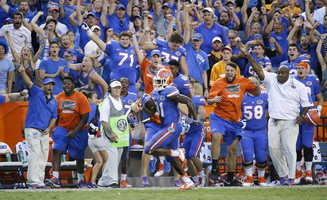 Coaches, players and fans cheer as Florida wide receiver Antonio Callaway (81) runs for a touchdown on a 63-yard pass play against Tennessee during the second half of an NCAA college football game, Saturday, Sept. 26, 2015, in Gainesville, Fla. Florida won 28-27.