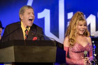 Casino Entertainment Legend Award winner Jerry Lewis and Charo joke with the crowd during the 2015 Casino Entertainment Awards presented by Global Gaming Expo at Vinyl on Wednesday, Sept. 30, 2015, in the Hard Rock Hotel.