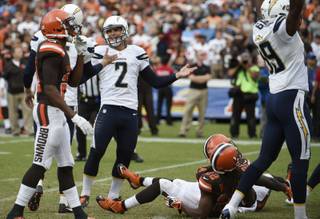 San Diego Chargers kicker Josh Lambo (2) celebrates his game-winning field goal against the Cleveland Browns during the second half in an NFL football game Sunday, Oct. 4, 2015, in San Diego. (AP Photo/Denis Poroy)