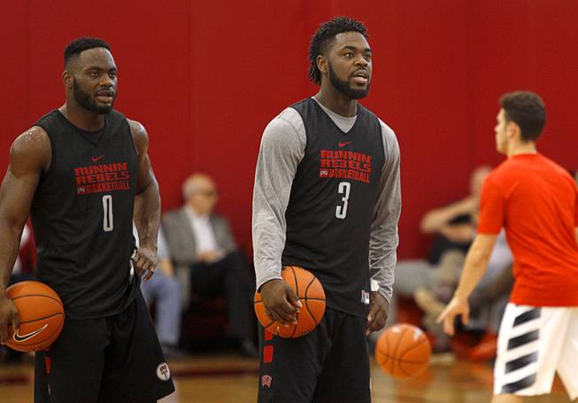 Ike Nwamu (0) and Jordan Cornish (3) run drills during the Rebels' first basketball practice of the season at the Mendenhall Center on UNLV campus Monday, Oct. 5, 2015.