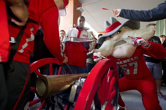 UNLV mascot Hey Reb! attends a cannon-painting ceremony Monday, Oct. 5, 2015, at UNLV. The Rebels recovered the Fremont Cannon after defeating the Wolfpack 23-17 on Saturday in Reno.