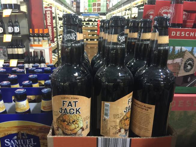 A case of Samuel Adams Fat Jack Pumpkin Ale on the shelves at Total Wine & More on Warm Springs Road in Henderson.