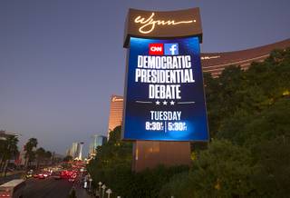 The Wynn Las Vegas marquee sign advertises the Democratic Presidential Debate Monday, Oct. 12, 2015. The debate will be held at the Wynn and televised on CNN Tuesday.