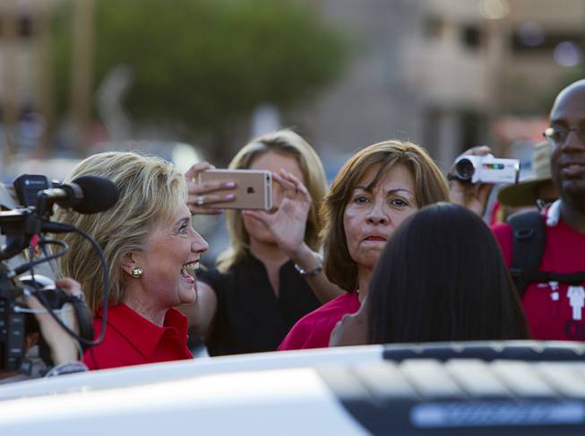 Democratic presidential candidate and former Secretary of State Hillary Clinton arrives at a Culinary Workers Union, Local 226, demonstration by the Trump International Hotel Monday, Oct. 12, 2015.