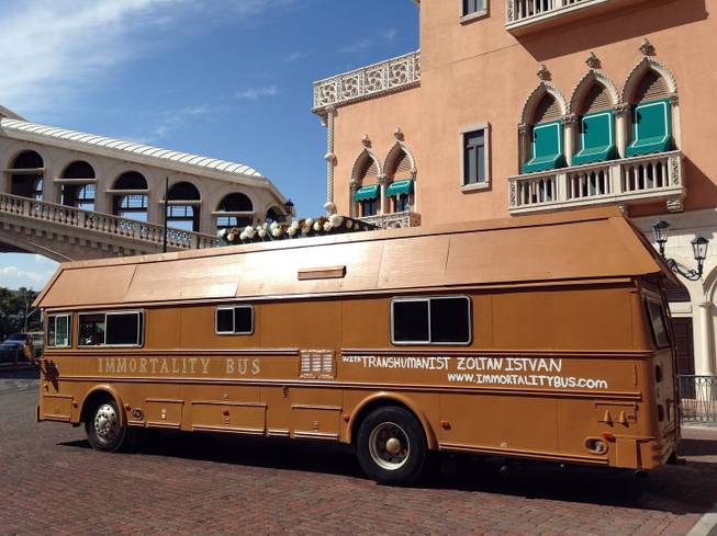 Zoltan Istvan, a third-party presidential candidate and an advocate for the use of technology to overcome death, parks his “Immortality Bus” in front of the Venetian on Sept. 9, 2015, during a Las Vegas stop on his nationwide bus tour. 