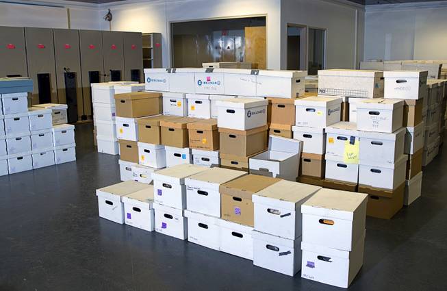 Boxes of artifacts from Reno are stacked in the Las Vegas Natural History Museum's Collections and Research Facility Monday, Oct. 12, 2015. The museum was recently declared a federal repository for all archeological and paleontological finds in Southern Nevada.
