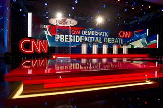 A view of the CNN debate stage Tuesday, Oct. 13, 2015, in Wynn Las Vegas. The CNN Democratic Presidential Debate takes place at the Wynn tonight.