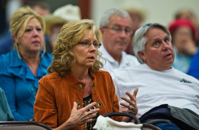 Beatty resident Teresa Sullivan expresses her concerns during the town hall meeting about the lack of emergency personal available in the area with the recent fire at US Ecology near Beatty, Nevada, a good example of why more is needed on Tuesday, October 20,  2015.