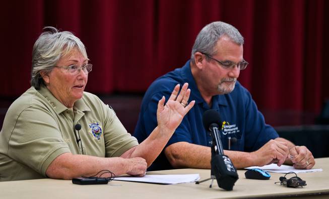 Nye County Sheriff Sharon Wehrly and Nye County Emergency Management's Vance Payne hold a Beatty town hall meeting regarding the recent fire at US Ecology on Tuesday, October 20,  2015.  They are proud of the overall efforts of multiple agencies involved though admit to a poor lack of communication with residents.