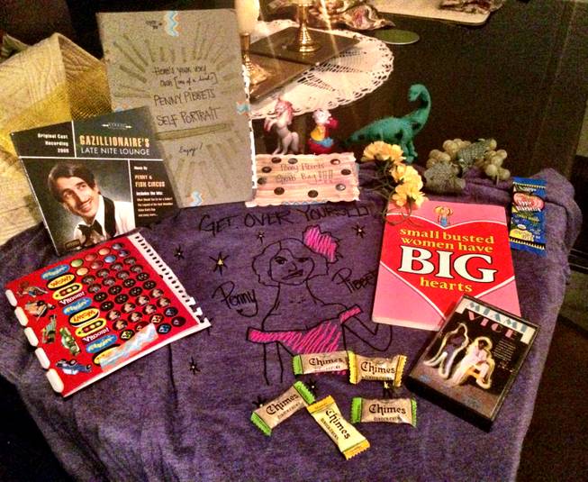 Items shown from the Penny Pibbets gift bag given to those who donated to her Kickstarter campaign to fund “The Penny Pibbets Show” at Art Square Theater in December in downtown Las Vegas.