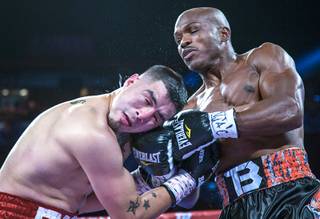 WBO welterweight champion Timothy Bradley Jr. battles with Brandon Rios during their welterweight title fight at the Thomas & Mack Center Saturday, Nov. 7, 2015. 