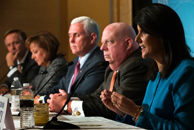 Gov. Nikki Haley of South Carolina speaks alongside other governors during a press briefing at the Encore Convention Center on Wednesday , November 18, 2015.