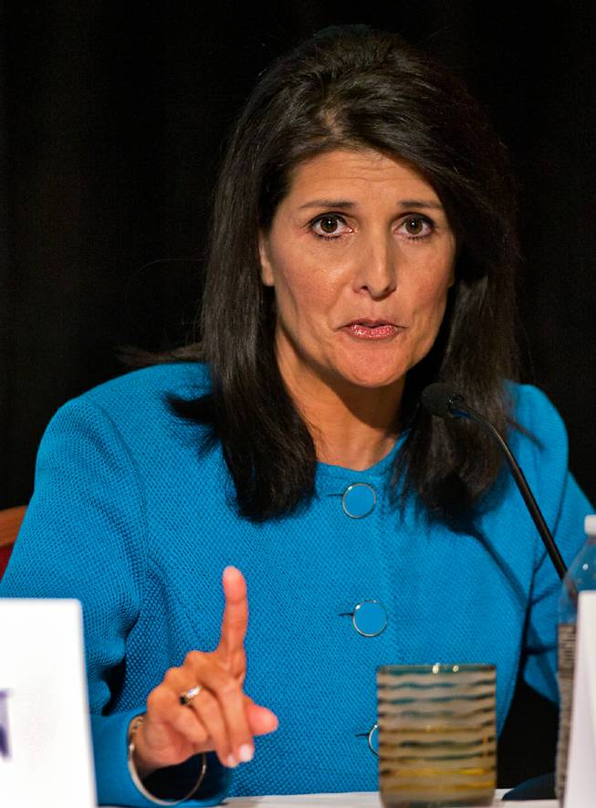 Gov. Nikki Haley of South Carolina speaks during a press briefing at the Encore Convention Center on Wednesday , November 18, 2015.