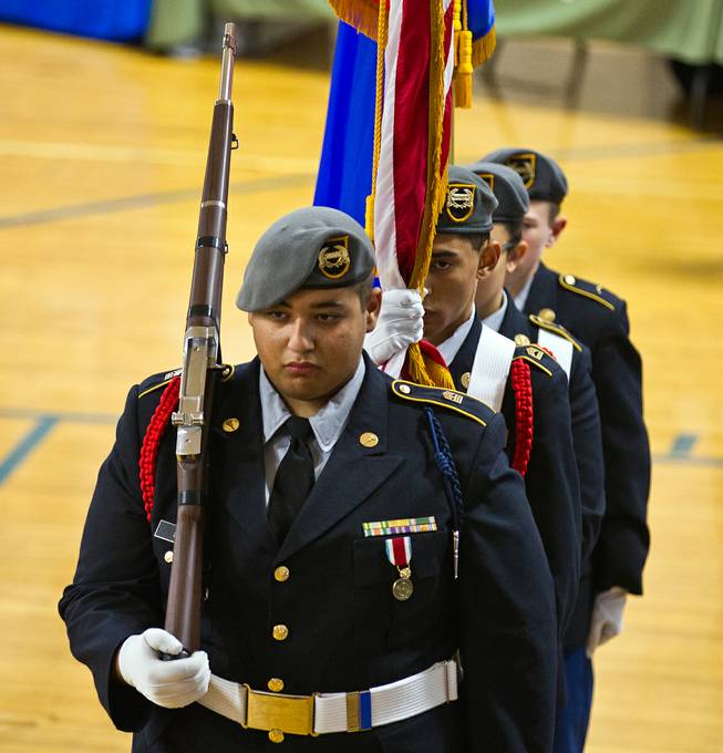 The Valley High School JROTC readies for the presentation of the colors as the John C. Fremont Middle School celebrates its 60th anniversary on Thursday, November 19, 2015.