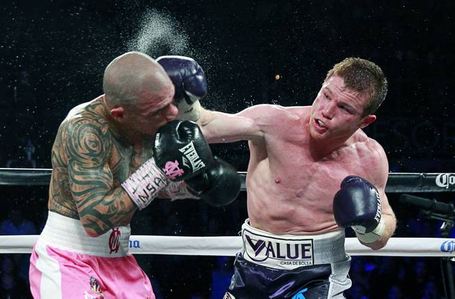 Canelo Alvarez, right, of Mexico connects on Miguel Cotto of Puerto Rico during their middleweight fight at the Mandalay Bay Events Center Saturday, Nov. 21, 2015. Alvarez defeated Cotto by unanimous decision to win the WBC middleweight title. 