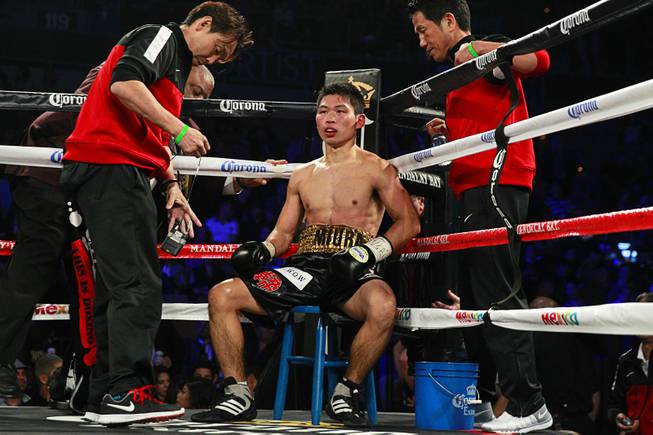 WBC super featherweight champion Takashi Miura of Japan rests in his corner between rounds during his fight against Francisco Vargas of Mexico at the Mandalay Bay Events Center Saturday, Nov. 21, 2015.