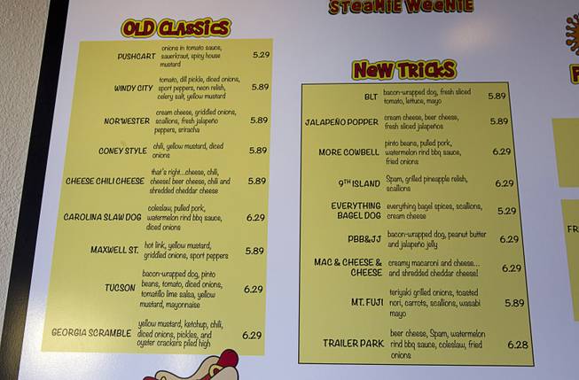 The menu at the Steamie Weenie, 1500 N Green Valley Parkway, in the Pebble Marketplace in Henderson Sunday, Nov. 22, 2015.