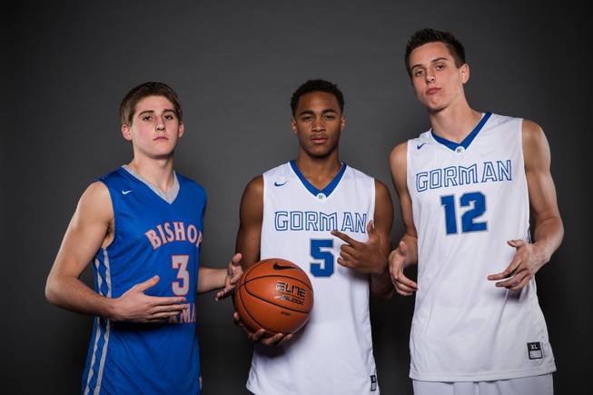 Bishop Gorman basketball players Byron Frohnen, Charles O’Bannon and Zach Collins on Thursday, Nov. 12, 2015.
