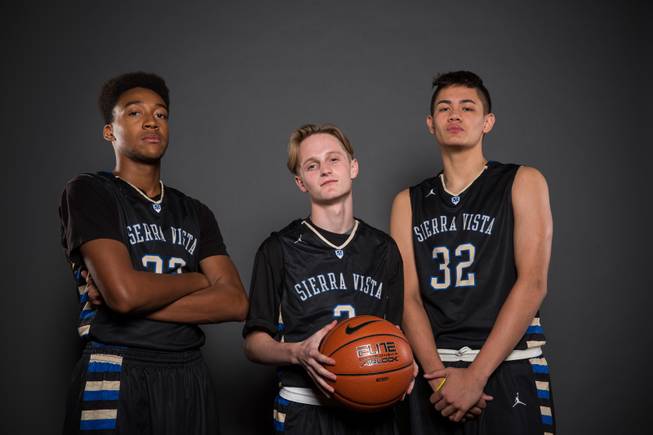 From left, Sierra Vista's mens basketball players; Chris McCoy, Tanner Lewis and Maka Ellis, Thursday, Nov. 12, 2015.