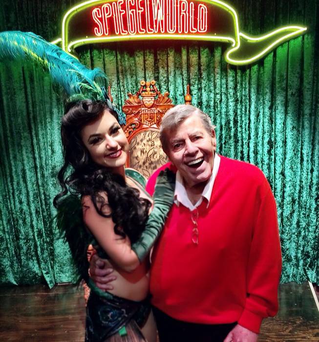 Entertainment legend Jerry Lewis with Melody Sweets, who portrays the Green Fairy in “Absinthe,” after a performance Friday, Nov. 27, 2015, at Caesars Palace.

