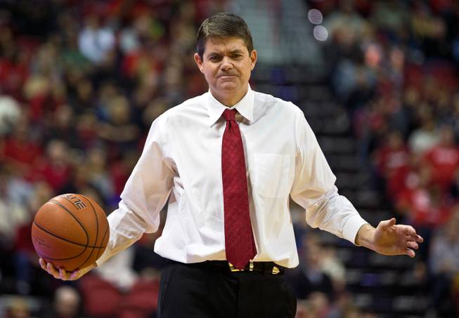 UNLV head coach Dave Rice is frustrated with a foul call as they face Prairie View on Saturday, Nov. 28, 2015, at the Thomas & Mack Center.