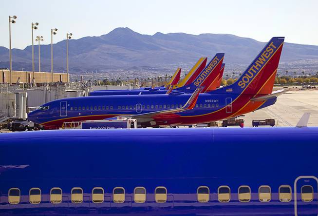 A view of Southwest Airlines passenger jets Thursday, Nov. 26, 2015, at McCarran International Airport.
