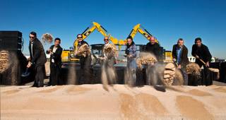 The UFC hosts an official groundbreaking ceremony as construction begins on their new world headquarters off of the I-215 west of S. Jones Blvd. on Tuesday, December 1, 2015.  (From left) Forrest Griffin, Joseph Benavidez, Lawrence Epstein, Lorenzo Fertitta, Joanna Jedrzejczyk, Dana White, Chuck Liddell and Antonio Rodrigo Nogueira all toss some symbolic dirt.