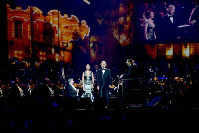 Aida Garifullina performs with Andrea Bocelli during their concert Saturday, ...