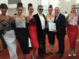 Andrea Bocelli, Larry Ruvo and models at the Cleveland Clinic Lou Ruvo Center for Brain Health on Sunday, Dec. 6, 2015, in Symphony Park downtown.