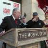Former Las Vegas Mayor Oscar Goodman drinks a toast with Billy Tveitnes at the celebration of the one millionth guest at the Mob Museum in Las Vegas, Tuesday, Dec. 15, 2015.
